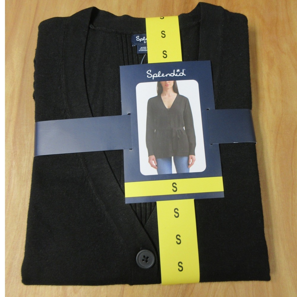 SPLENDID Button Front Belted‎ Cardigan Sweater Sz Small Black Ribbed Details NWT